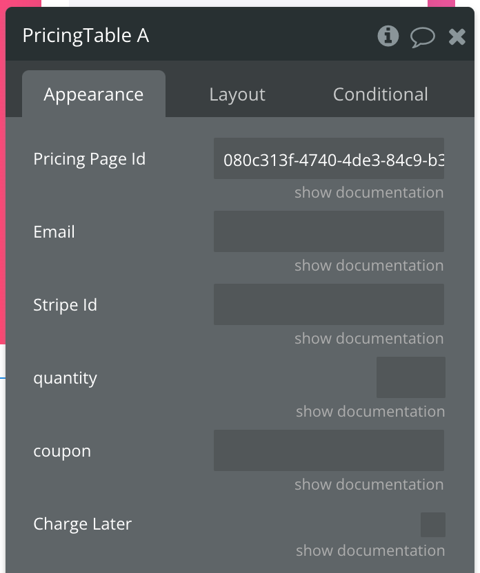 Screenshot of Pricing Table bubble element configuration