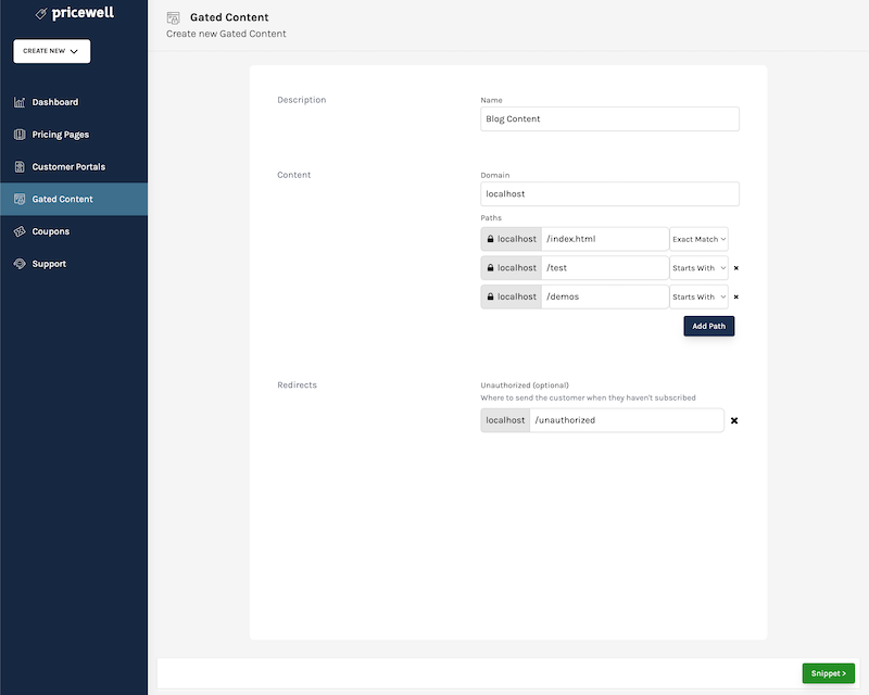 PriceWell Gated Content configuration screen