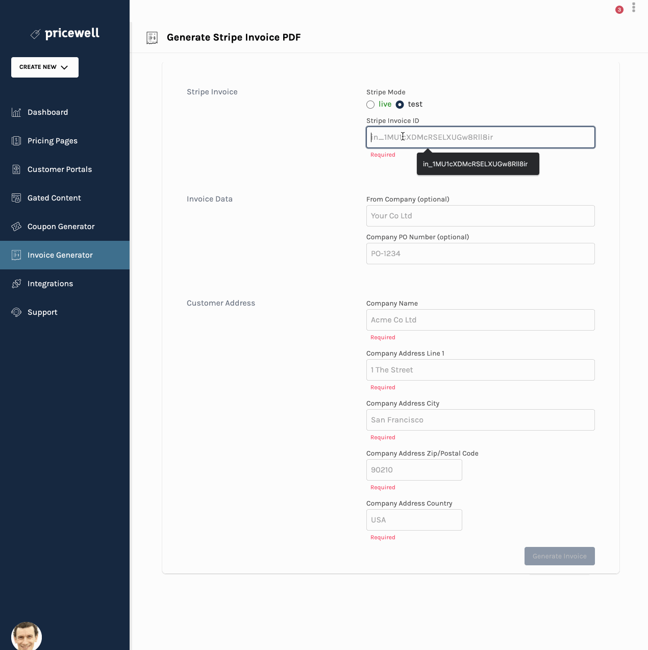animation showing how to generate a Stripe invoice pdf with PriceWell