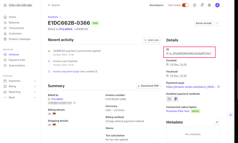 Stripe Invoice Page showing how to locate the invoice id in the top right