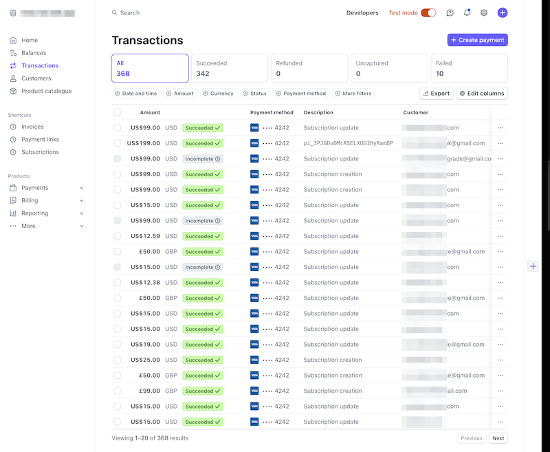 Stripe Payments Dashboard