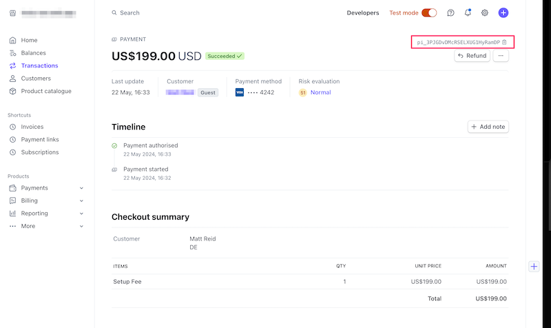 Stripe Payment Intent Page showing how to locate the payment intent id in the top right