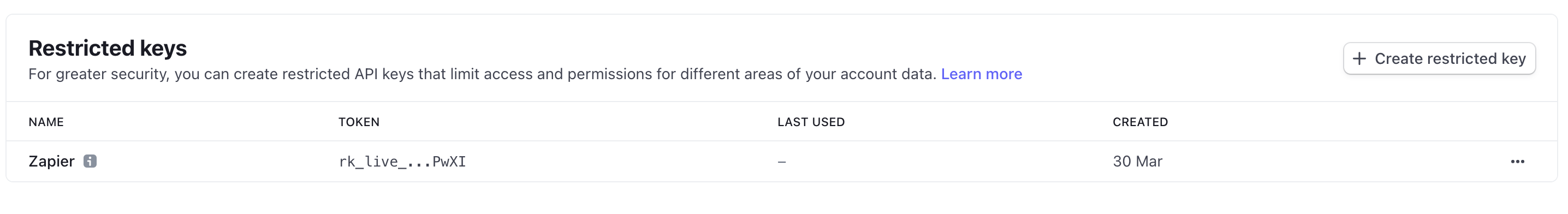 Stripe UI shohwing the ability to create restricted API keys