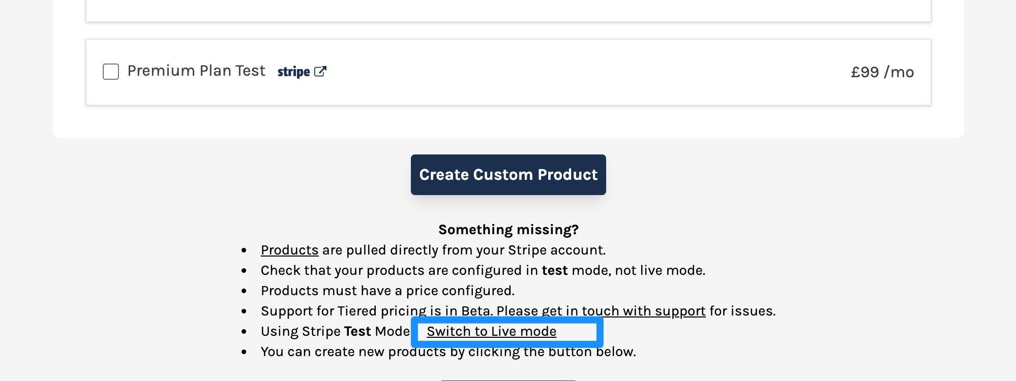 link to switch from Stripe Test Mode to Live Mode